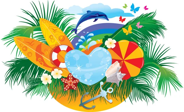 Zomerse achtergrond met palmen, schelpen, surfplanken, regenboog en dolfijnen — Stockvector