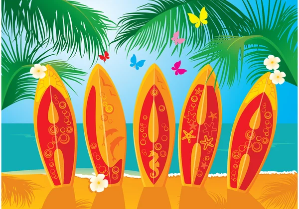 Tarjeta postal de vacaciones de verano - tablas de surf con texto dibujado a mano Aloha — Vector de stock