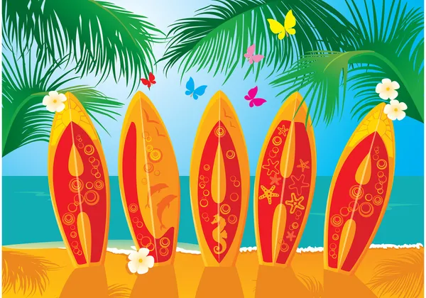 Letní dovolená Pohlednice - surfovací prkna s ručně kresleným textem Aloha — Stockový vektor