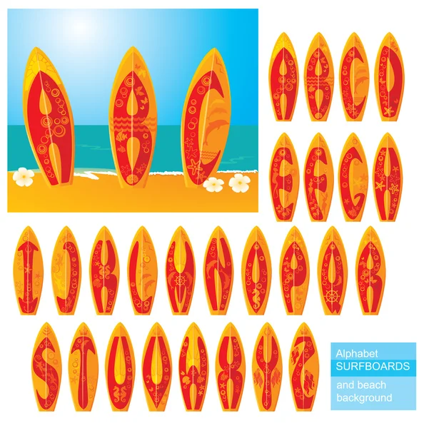 ABC - alfabeto - pranchas de surf com letras desenhadas à mão —  Vetores de Stock