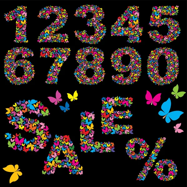 Schmetterlingszahlen, Wortverkauf und Prozentsymbol - Elemente für die Gestaltung des Sommerschlussverkaufs — Stockvektor