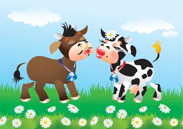 Kreslený líbání krávy v lásce — Stockový vektor