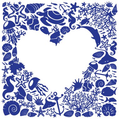 White background heart is surrounded of fishes, dolphins, shells, corals, meduses, seahorses clipart
