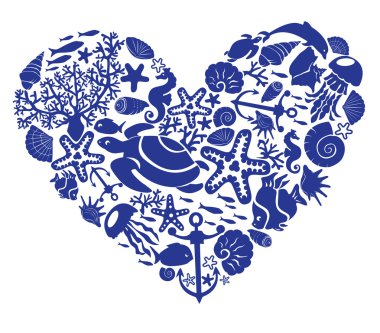 Heart is made of fishes, korals, shells, starfishes, dolphins, seahorses, tortillas clipart