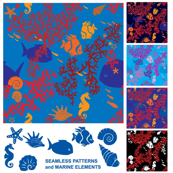 无缝背景与珊瑚礁和海洋生物 — 图库矢量图片