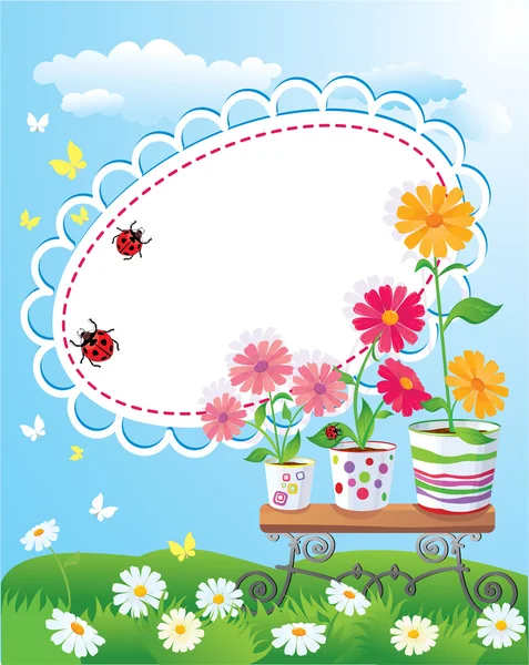 Marco de verano con flores en macetas, mariquitas y mariposas — Vector de stock