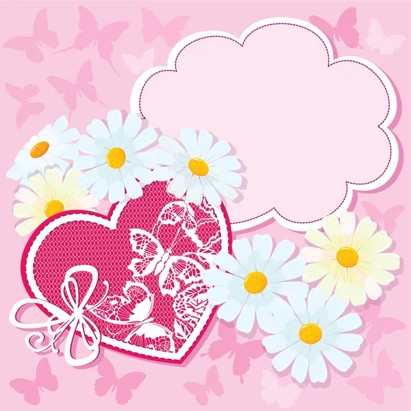 Corazón y margaritas sobre fondo rosa con mariposas. tarjeta de San Valentín — Vector de stock