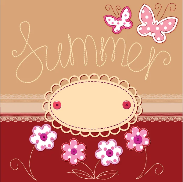 Cartão de verão romântico com cadarços, borboletas e flores — Vetor de Stock