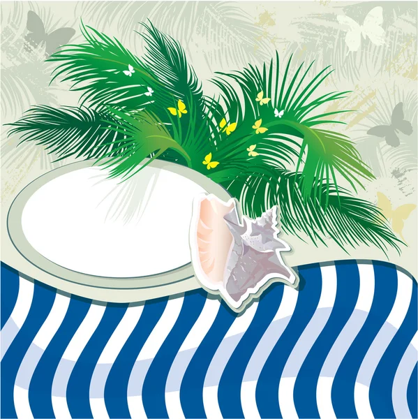 Grunge zomer vakantie achtergrond met palmboom en shell — Stockvector