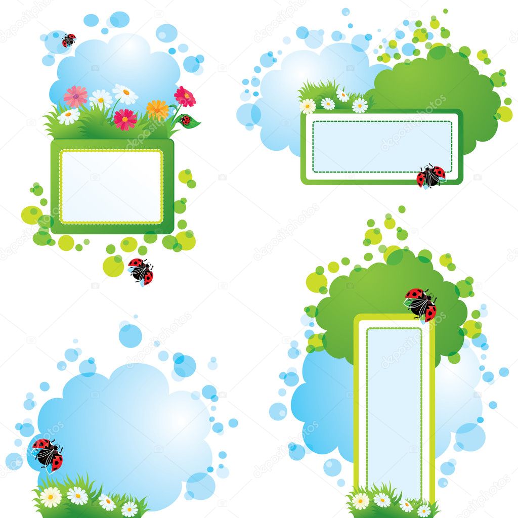 Set of summer backgrounds and frames with grass, flowers and ladybirds