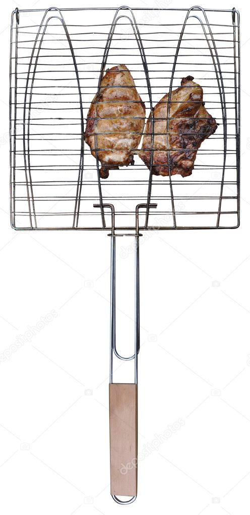 Grilling basket with chicken meet isolated on white background