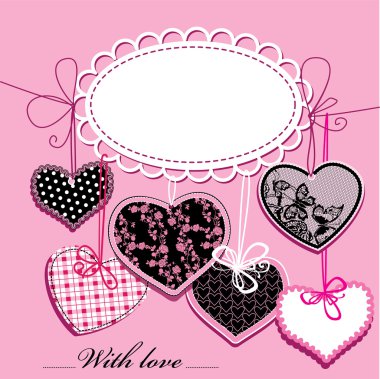 Holiday background with black and pink ornamental hearts and oval frame for your text clipart