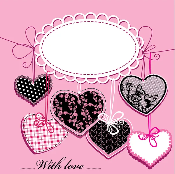 Fondo de vacaciones con corazones ornamentales negros y rosados y marco oval para su texto — Vector de stock