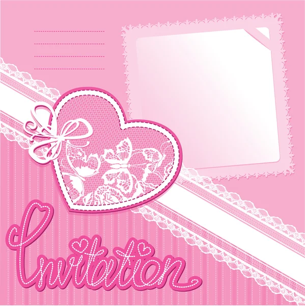Corazón y trozo de papel sobre fondo rosa - tarjeta de invitación — Archivo Imágenes Vectoriales