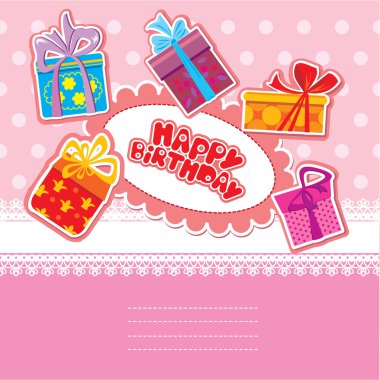 Baby birthday card with gift boxes clipart