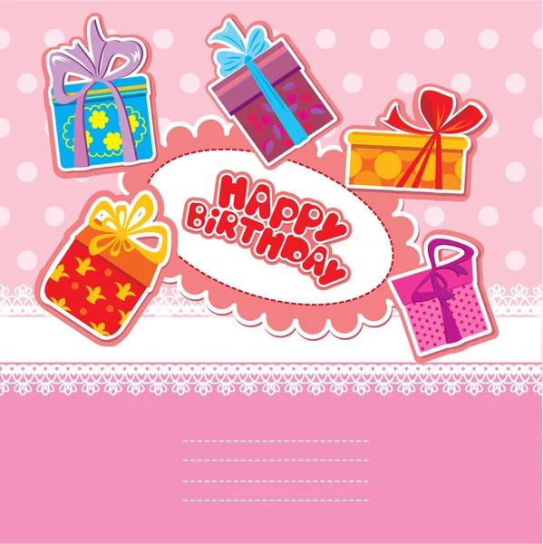 Cartão de aniversário do bebê com caixas de presente — Vetor de Stock