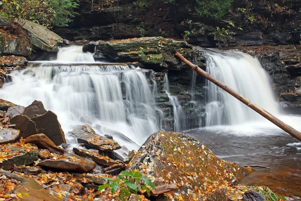 Wasserfall mit Herbstblättern — Stockfoto