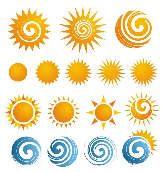 Sonnensymbole und Gestaltungselemente lizenzfreie Stockillustrationen