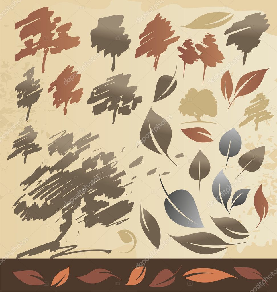 Collection of trees and leaves design elements