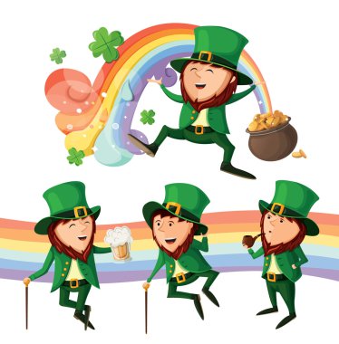 Set of cute leprechauns. Isolated on white background. clipart