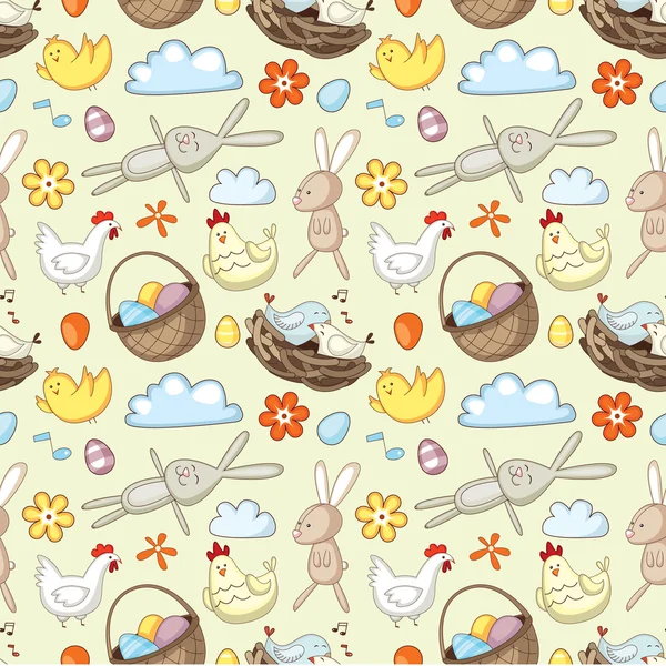Patrón decorativo de Pascua con huevos, conejos y pollos . — Archivo Imágenes Vectoriales