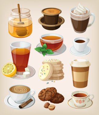 Set of delicious hot drinks and supplies
