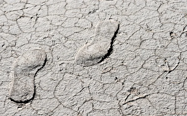 Pegadas em uma terra seca rachada — Fotografia de Stock
