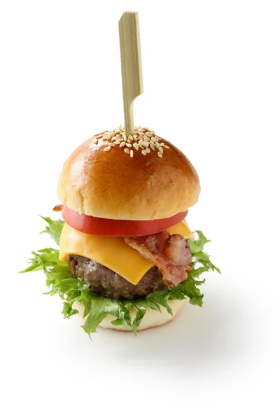 Mini hamburger with toothpick — Stock Photo, Image