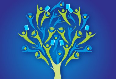 Education human life tree,graduation hat,book,pencil on blue background.Vector illustration use in school,institution,college for designing background,stationery,banner,brochure,template,wallpaper clipart