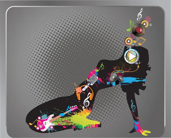 Vector illustration woman silhouette dancing with colorful music elements and splashes.Retro halftone dot pattern design.Graphic abstract background. — Vector de stock