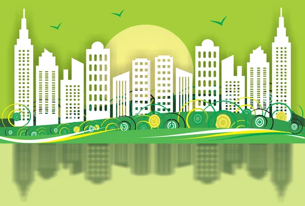 Abstract green city town vector illustration ecology background with swirls