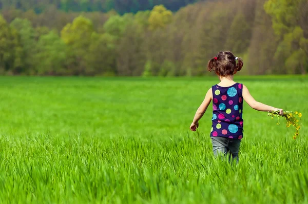 Niño con flores divirtiéndose al aire libre en el campo verde — Foto de Stock