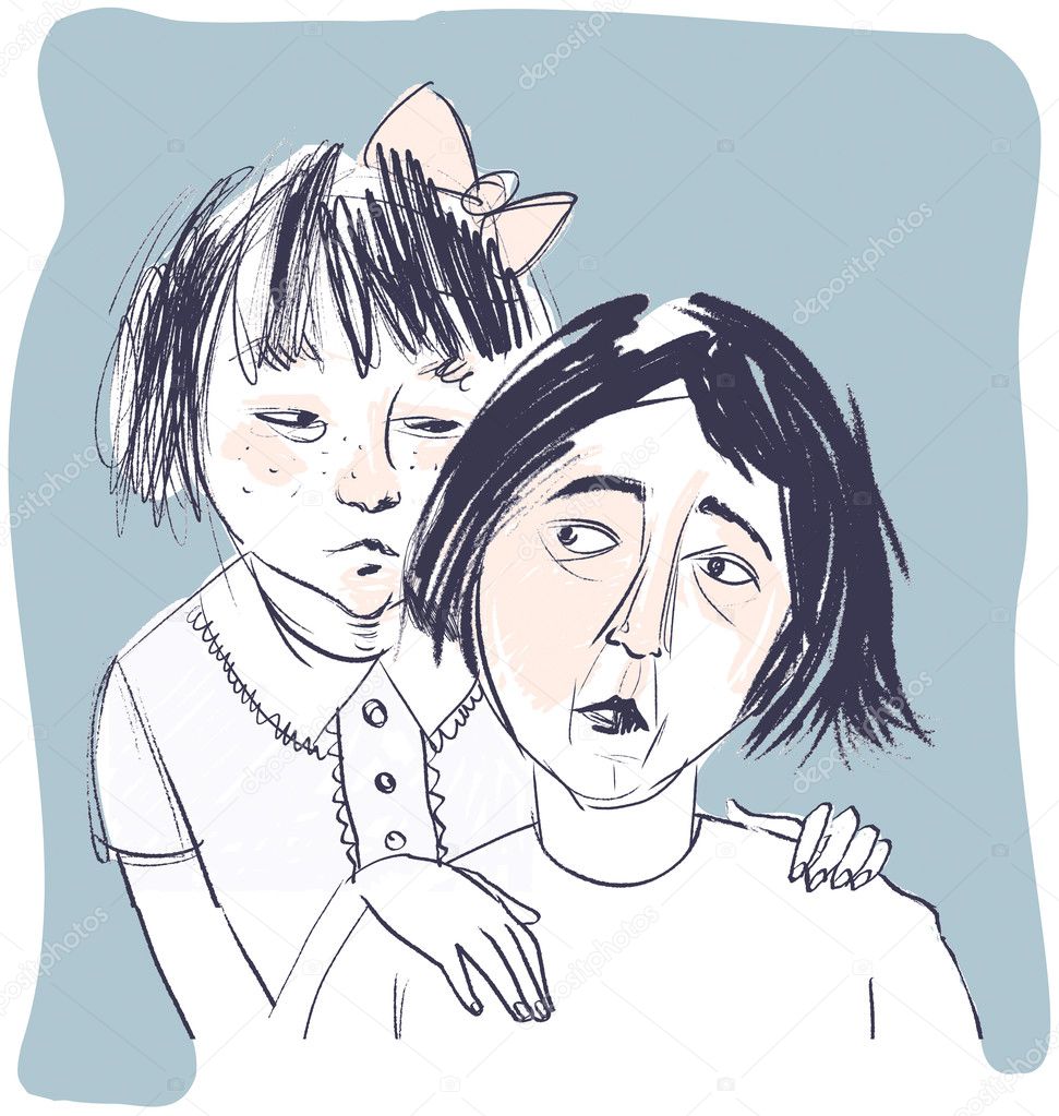 Worried Mother with Daughter Illustration