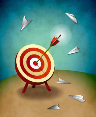 Archery Target with Bull's Eye Arrow and Paper Airplanes Illustration clipart