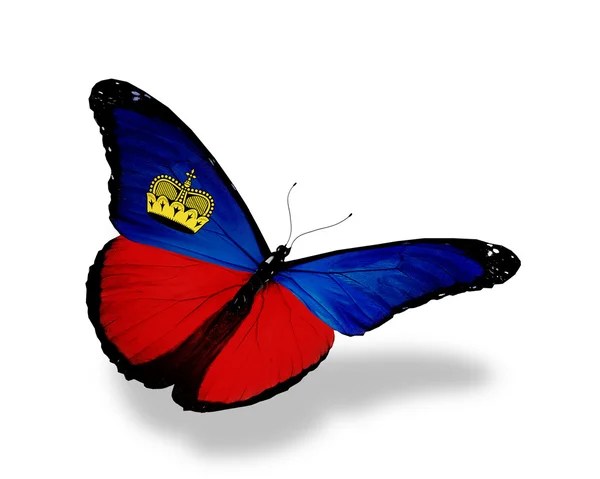 Liechtensteins flagga fjäril flyger, isolerade på vita bak — Stockfoto