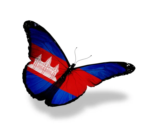 Cambodja vlag vlinder vliegen, geïsoleerde op witte achtergrond — Stockfoto