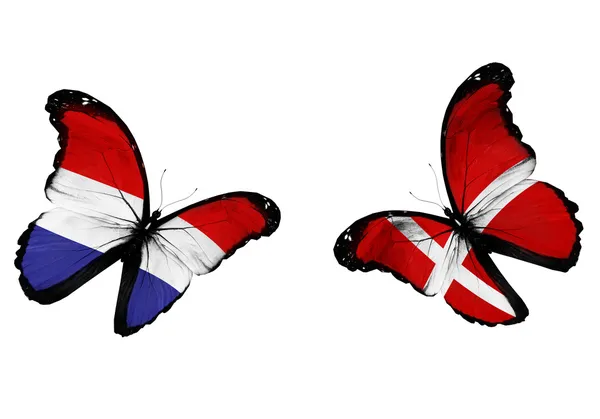 Έννοια - δύο πεταλούδες με ολλαντζέζος και δανικές σημαίες fl — Φωτογραφία Αρχείου