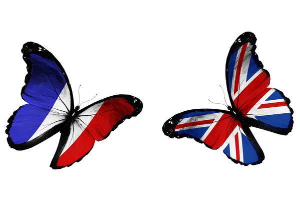 Концепция - две бабочки с развевающимися французскими и английскими флагами — стоковое фото