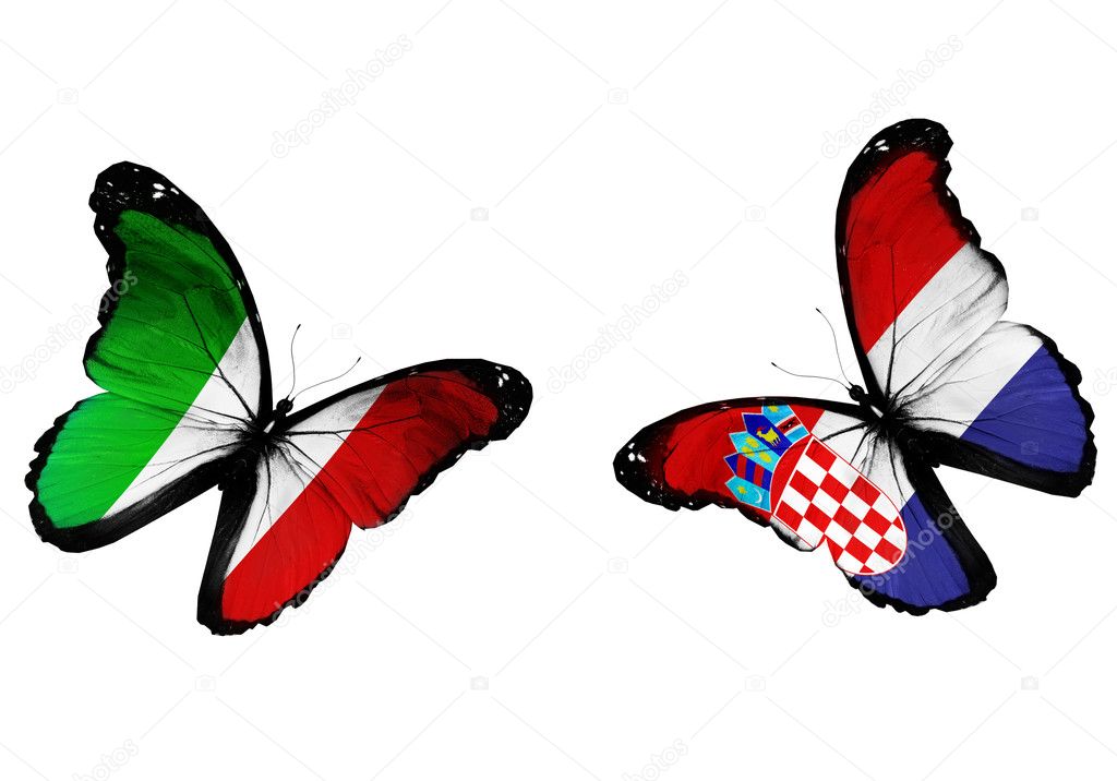 Concept - two butterflies with Italian and Croatian flags flying