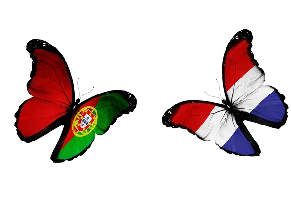 Concepto - dos mariposas con bandera neerlandesa y portuguesa — Foto de Stock