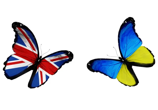 Концепція - два метелики з українською та англійською мовою прапори, що летить — стокове фото