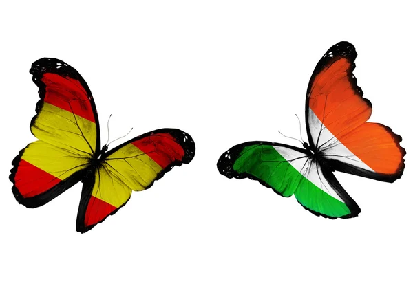 Conceito - duas borboletas com bandeiras espanholas e irlandesas voando — Fotografia de Stock