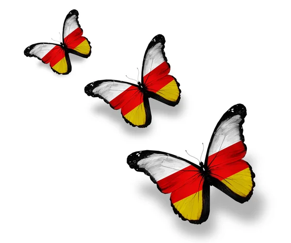 Three South Ossetia flag butterflies, isolated on white — Stock Photo, Image