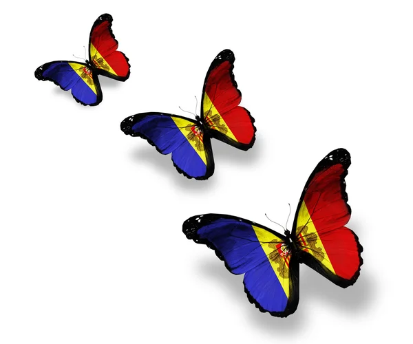 Tre farfalle bandiera Andorra, isolate su bianco — Foto Stock