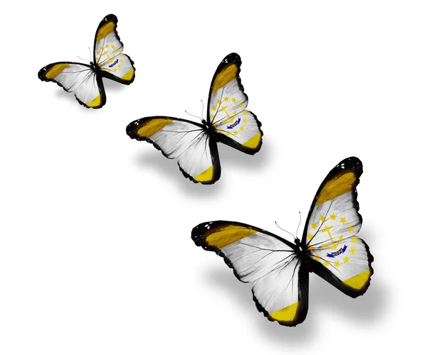 Три бабочки с флагом Род-Айленда, изолированные на белом — стоковое фото