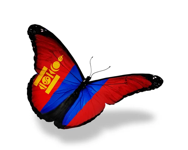 Bandeira da Mongólia borboleta voando, isolado no fundo branco — Fotografia de Stock