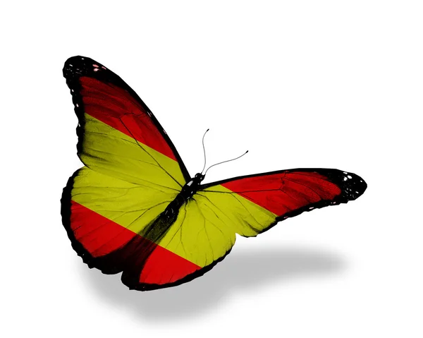 Papillon drapeau espagnol volant, isolé sur fond blanc — Photo