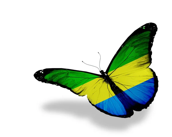 Gabon bayrak kelebek uçuyor, izole üzerinde beyaz arka plan — Stok fotoğraf