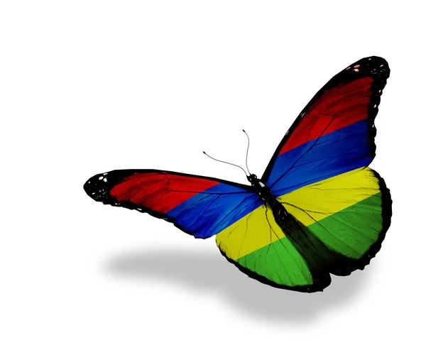 Mauritius bandiera farfalla in volo, isolato su sfondo bianco — Foto Stock