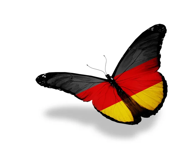 Bandeira alemã borboleta voando, isolado no fundo branco — Fotografia de Stock